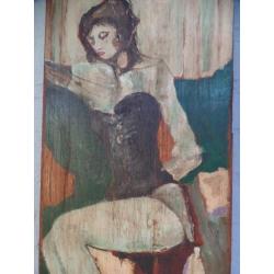 Schilderij op paneel afb. vrouw op barkruk in Moulin Rouge ?