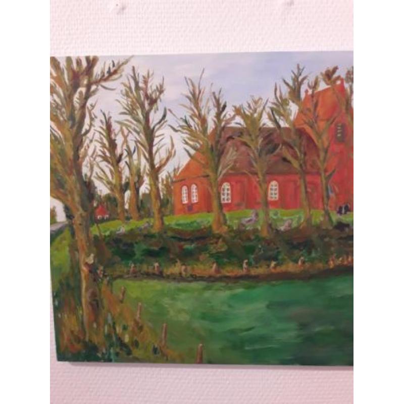 Schilderij klassiek acrylverf kunst: Kerk op terp Oostum.
