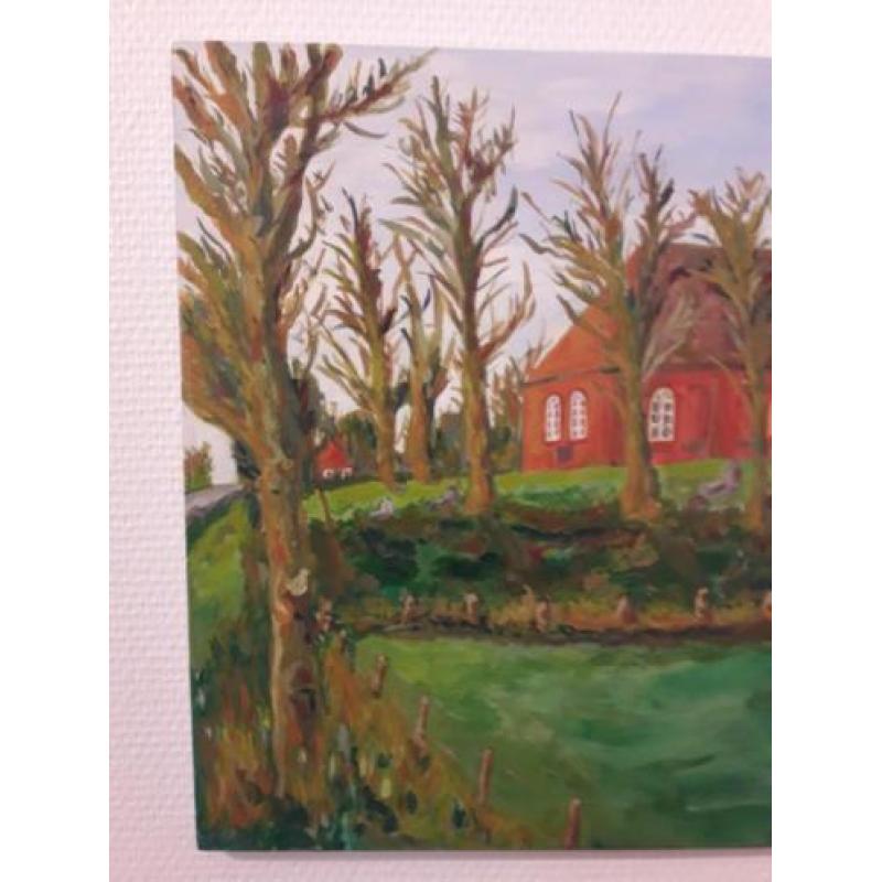 Schilderij klassiek acrylverf kunst: Kerk op terp Oostum.