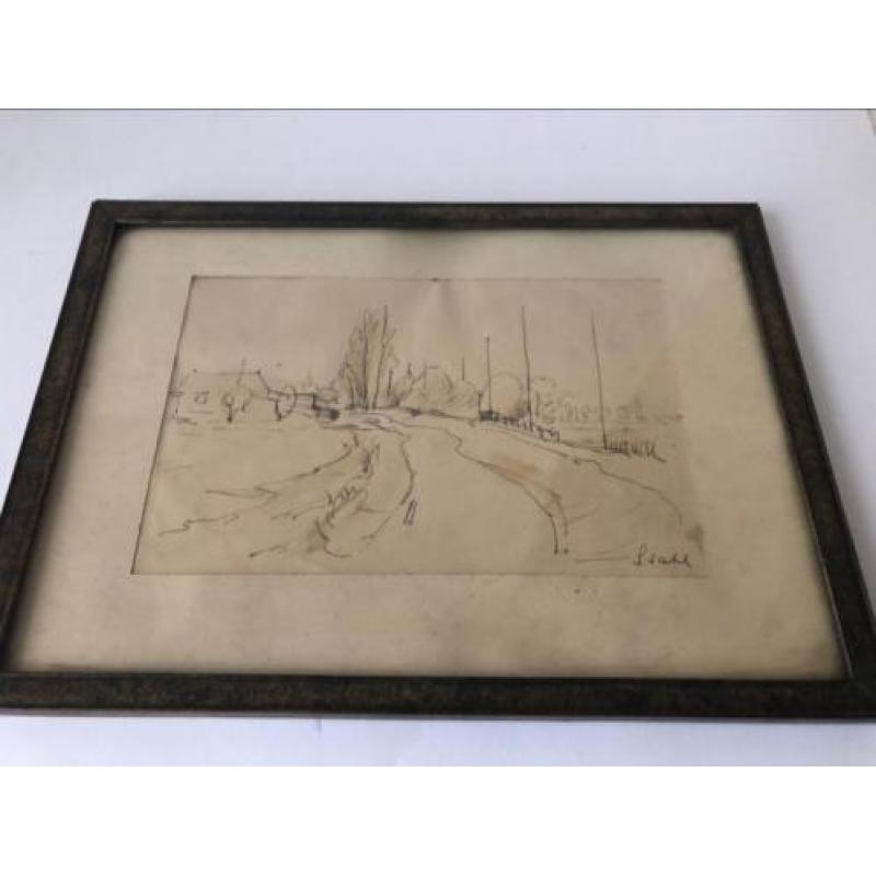 Oude gesigneerde tekening boerderij landweg