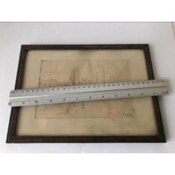 Oude gesigneerde tekening boerderij landweg