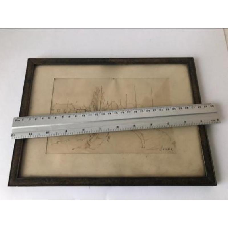 Oude gesigneerde tekening boerderij landweg