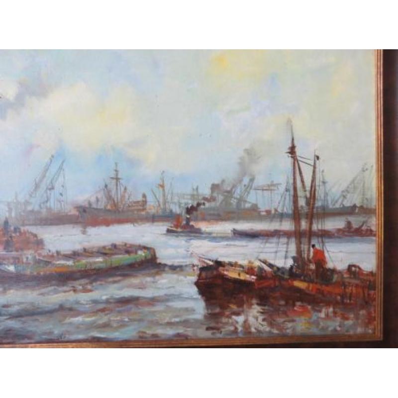 Wim Bos; Rotterdam's Havengezicht. Olieverf op doek