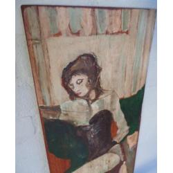 Schilderij op paneel afb. vrouw op barkruk in Moulin Rouge ?