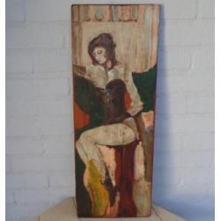 Schilderij op paneel afb. vrouw op barkruk in Moulin Rouge ?