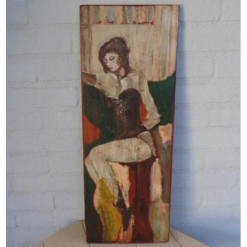 Schilderij op paneel afb. vrouw op barkruk in Moulin Rouge ?