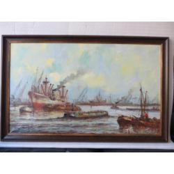 Wim Bos; Rotterdam's Havengezicht. Olieverf op doek