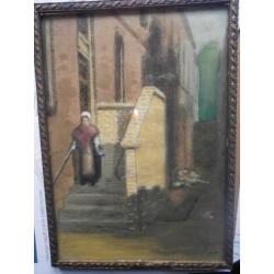 Aquarel van een Oude Vrouw op een trapje, sign Van Zoelen