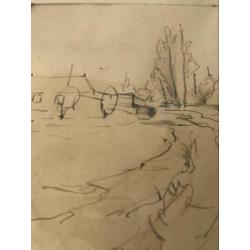 Oude gesigneerde tekening boerderij landweg