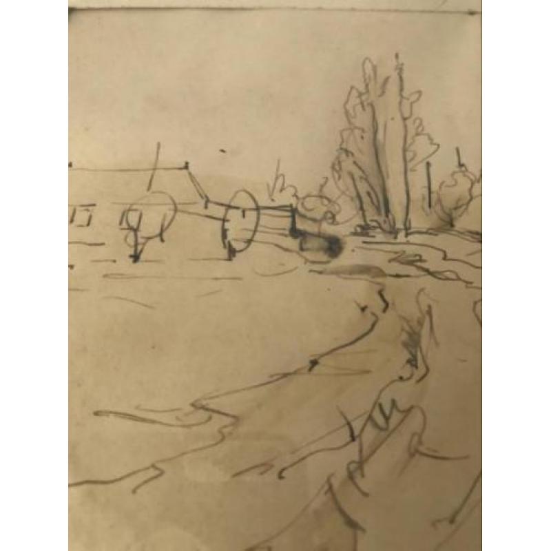Oude gesigneerde tekening boerderij landweg