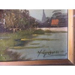 Huis aan het water, olieverf op doek.