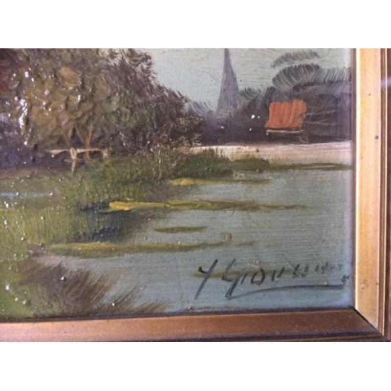 Huis aan het water, olieverf op doek.