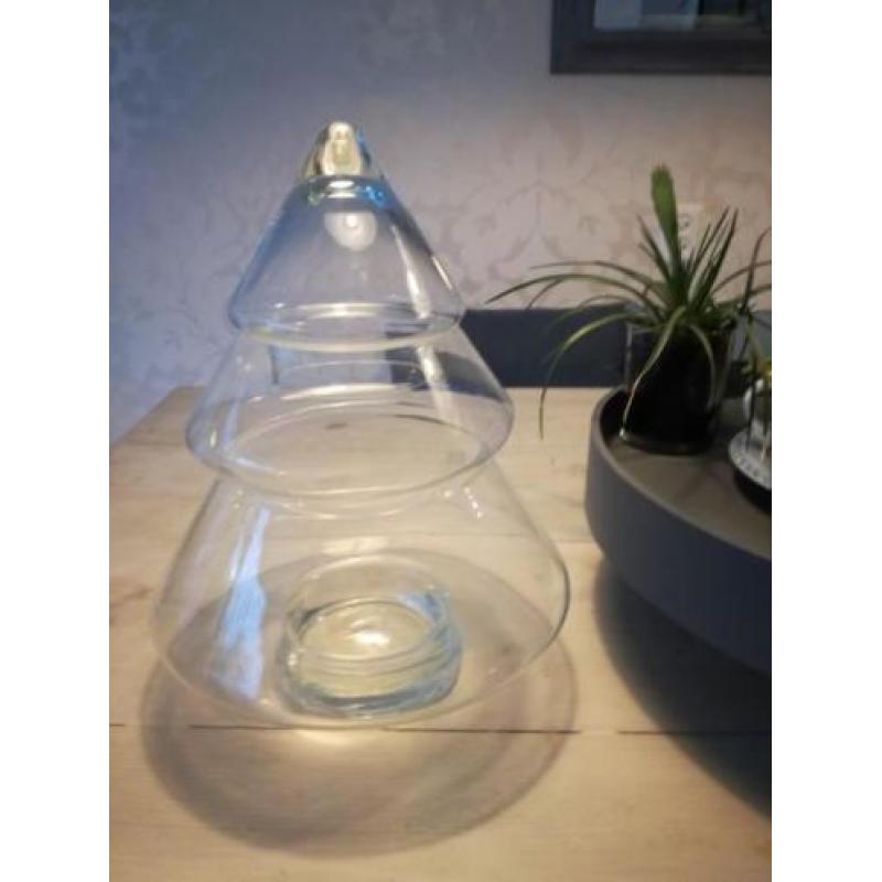 Glazen kerststolp/kerstboom +/_ 34 cm hoog