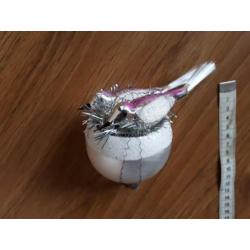 Oude kerstbal glas 2 vogels op nest knijper kerstballen