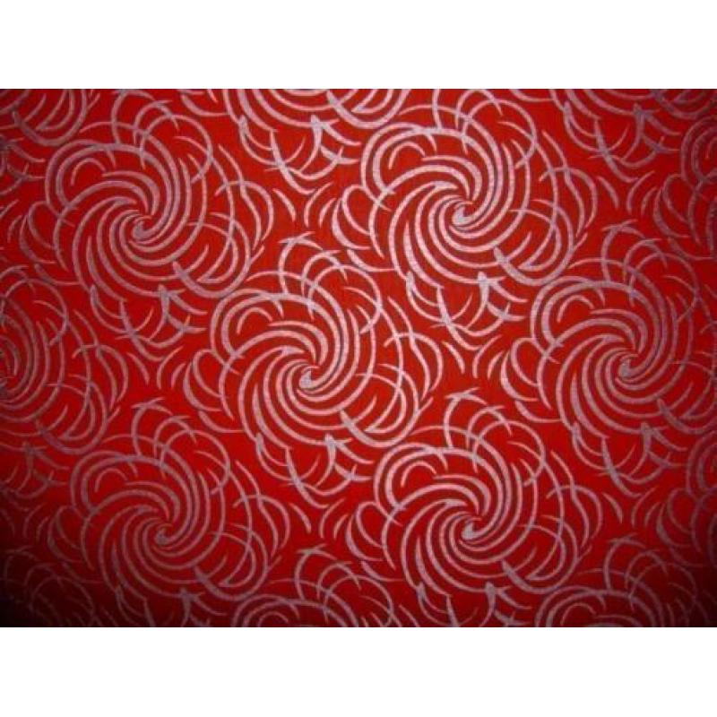 6 rollen behang, Rood met zilveren krullen, vinyl afwasbaar